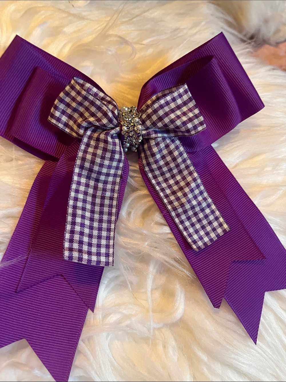 Purple Ribbon Bow Hair Clip with Gingham Accent